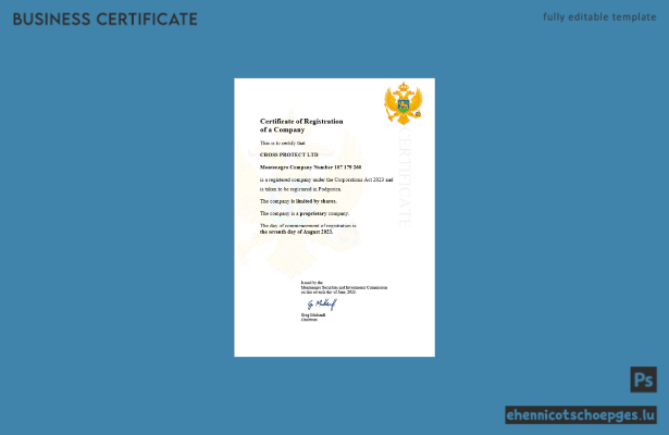 Montenegro Firmenregistrierungsurkunde – Beispiel-Word- und PDF-Vorschau